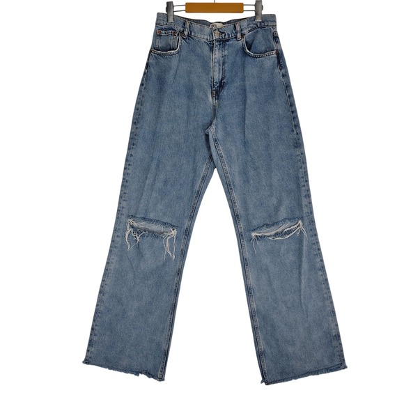 Zara Denim - Zara The 90s Full Length Distressed Wide Leg Jeans Light Wash Blue Size 8